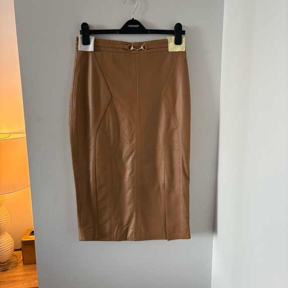 Karen Millen Leather Pencil Belt Feature Skirt with Slit In Tan Size US 8 Rare! - Picture 9 of 12